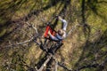 Aerial view of a woman pruning fruit trees in her garden from a ladder. Springtime gardening jobs. Royalty Free Stock Photo