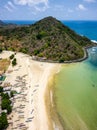 Aerial view of wooden boats on a tropical sandy beach (Selong Belanak, Lombok