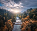 Aerial view of wooden bridge over the river, forest in autumn Royalty Free Stock Photo