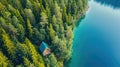 Aerial view of wooden cabin in green pine forest by the blue lake Royalty Free Stock Photo