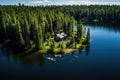 Aerial view of a wooden house on a small island in the middle of a lake. Aerial view of wooden cottage in green pine forest by the Royalty Free Stock Photo