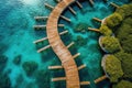 Aerial view of a wooden over water bridge in the turquoise ocean on tropical island. Royalty Free Stock Photo