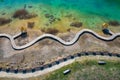 Aerial view of wooden path over turquiose lake colour. Drought. Drone top view Royalty Free Stock Photo