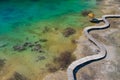 Aerial view of wooden path over turquiose lake colour. Drought. Drone top view Royalty Free Stock Photo