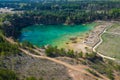 Aerial view of wooden path over turquiose lake colour. Drought. Drone top view Royalty Free Stock Photo