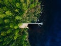 Aerial view of wooden pier with fishing boat on blue lake with green forest in Finland Royalty Free Stock Photo