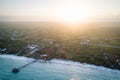 Aerial view of wooden pier at sunset, Zanzibar Royalty Free Stock Photo