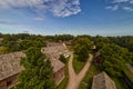 Aerial view of the wooden structures of the trading post, Fort William, Thunder Bay, Ontario, Canada