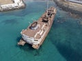 Aerial view of a wreck of a ship in the Atlantic ocean. Wreck of the Greek cargo ship: Telamon. Lanzarote, Canary Islands, Spain