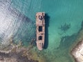 Aerial view of a wreck of a ship in the Atlantic ocean. Wreck of the Greek cargo ship: Telamon. Lanzarote, Canary Islands, Spain