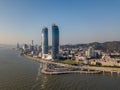 Aerial view of Xiamen cityscapes, skyline and the bridge with beautiful seascape during the sunset, Fujian China Royalty Free Stock Photo