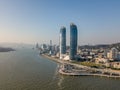 Aerial view of Xiamen cityscapes, skyline and the bridge with beautiful seascape during the sunset, Fujian China Royalty Free Stock Photo