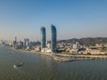 Aerial view of Xiamen cityscapes, skyline and the bridge with beautiful seascape during the sunset, Fujian China Royalty Free Stock Photo