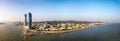 Aerial view of Xiamen panoramic cityscapes, skyline and the bridge with beautiful seascape during the sunset, Fujian China Royalty Free Stock Photo