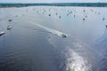 Aerial view of yacht marina sailing boats on ocean Royalty Free Stock Photo