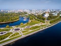 Aerial view of Yaroslavl with Strelka park and Assumption Cathedral