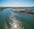 Aerial view of Yarra River and West Gate Bridge at high noon. Me