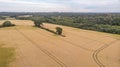 An aerial view of a yellow crop field with traces of tractor, trees and forest under a majestic stormy sky