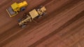 Aerial view yellow excavator building a highway, Road grader heavy earth moving, Bulldozer working at road construction Royalty Free Stock Photo