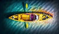 Aerial view of yellow kayak in the ocean. 3D rendering