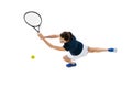 Aerial view of young beautiful girl, tennis player in sportswear playing tennis isolated on white background. Beauty Royalty Free Stock Photo