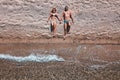 Aerial view on a young couple lying on the beach Royalty Free Stock Photo