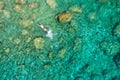 Aerial view of a young couple snorkeling above coral reef reaching deeper parts of the crystal clear water, Rhodes, Greece. Aerial Royalty Free Stock Photo