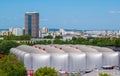 Aerial view of the ZÃ©nith de Paris concert hall, the Eurasia tower and the city of Aubervilliers near Paris Royalty Free Stock Photo