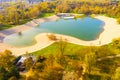 Aerial view of Zagreb, Croatia, Bundek lake in autumn