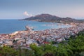 Aerial view of Zakynthos Zante town at sunset. Beautiful cityscape panorama of Greece city. Traveling concept background.