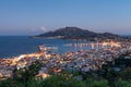 Aerial view of Zakynthos Zante town at sunset. Beautiful cityscape panorama of Greece city. Traveling concept background.