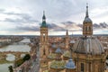 Aerial view of Zaragoza cityscape, with the Puente de Piedra and Puente de Hierro bridges, the Ebro river from the tower of