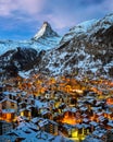 Aerial View on Zermatt Valley and Matterhorn Peak at Dawn