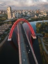 Aerial view of Zhivopisniy bridge at sunset, Moscow, Russia