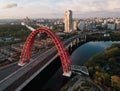 Aerial view of Zhivopisniy bridge at sunset, Moscow, Russia