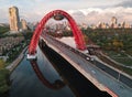 Aerial view of Zhivopisniy bridge at sunset, Moscow, Russia