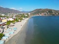 Aerial View of Zihuatanejo Beach: Sand, Water, Trees, and Boats Royalty Free Stock Photo