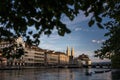 Aerial view of Zurich city center with famous St. Peter Church