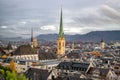 Aerial View of Historic Churches in the Picturesque Old City of Zurich, Switzerland Royalty Free Stock Photo