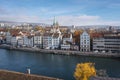 Aerial view of Zurich Skyline with Predigerkirche Church and Limmat River - Zurich, Switzerland Royalty Free Stock Photo