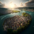 Aerial view of Zurich at sunset, Switzerland. 3d render