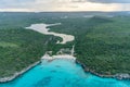 Aerial views Daaibooi beach over the ocean and land on Curacao