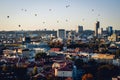 Aerial Vilnius city panorama with hot air balloons. Lithuania Royalty Free Stock Photo