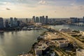 Aerial west view of Downtown Miami with port in foreground