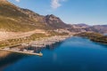 Aerial wide overview of yacht marina in Antalia province