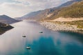 Aerial wide overview of yacht marina in Antalia province