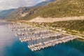 Aerial wide overview of yacht marina in Antalia province