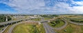 Aerial wide panorama highway interchange multiple road interchanges