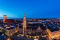 Aerial wide panorama of The New Town Hall and Marienplatz at night, Munich, Germany Royalty Free Stock Photo