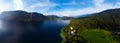 Aerial wide view of the Bohinj lake. Travel and tours concept. landscape ot the Triglav national park, summer forest and mountains Royalty Free Stock Photo